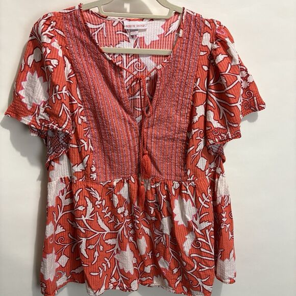Women's Flutter Short Sleeve Top Shirt Knox Rose Orange Floral XXL Boho Colorful - Picture 3 of 10